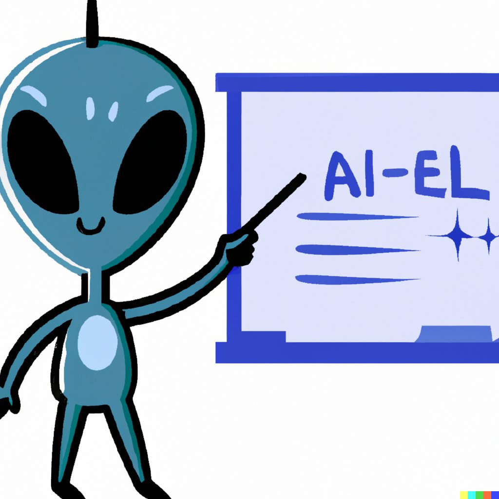 DALL·E ai-A cute, blue alien teaching a class about artificial intelligence DALL·E ai-A cute, blue alien teaching a class about artificial intelligence