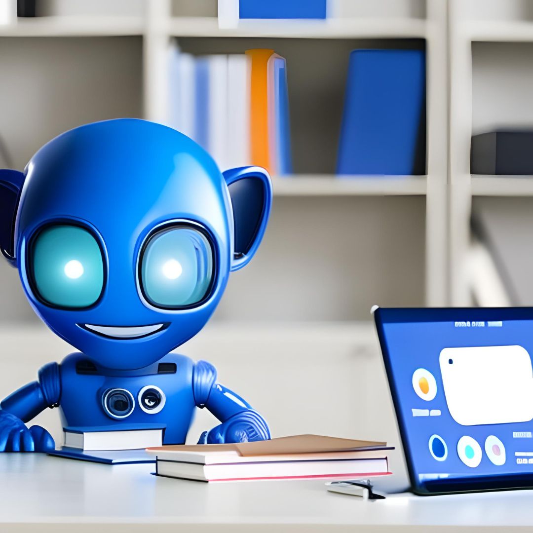 canva-Bing AI - A cute, blue alien teaching a class about artificial intelligence